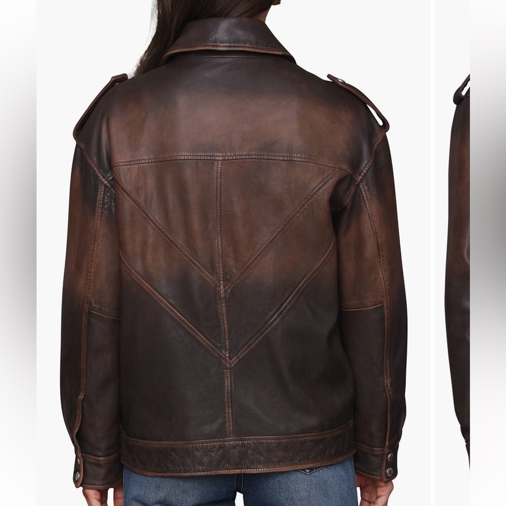 Avec Les Filles Burnished Brown Leather Bomber Jacket Oversized Large - Picture 5 of 12